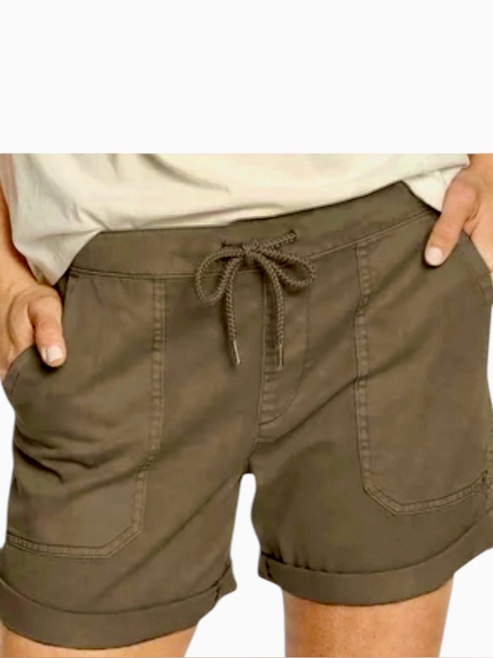 FRENCH CUFF Olive Green Cotton Cargo Pull Up Shorts w Elastic Drawstring Waist